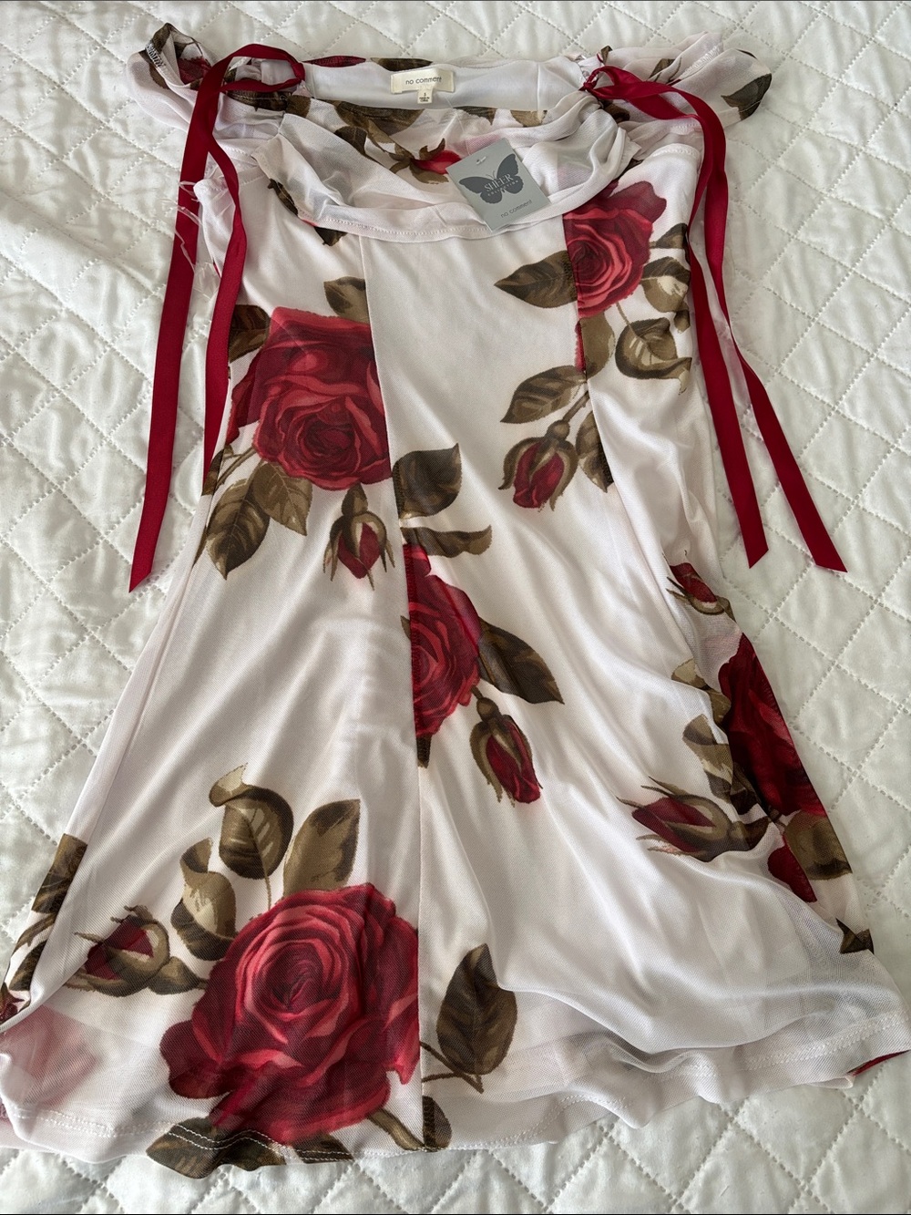 Floral Tie-Shoulder Mini Dress in White with Red Rose Print